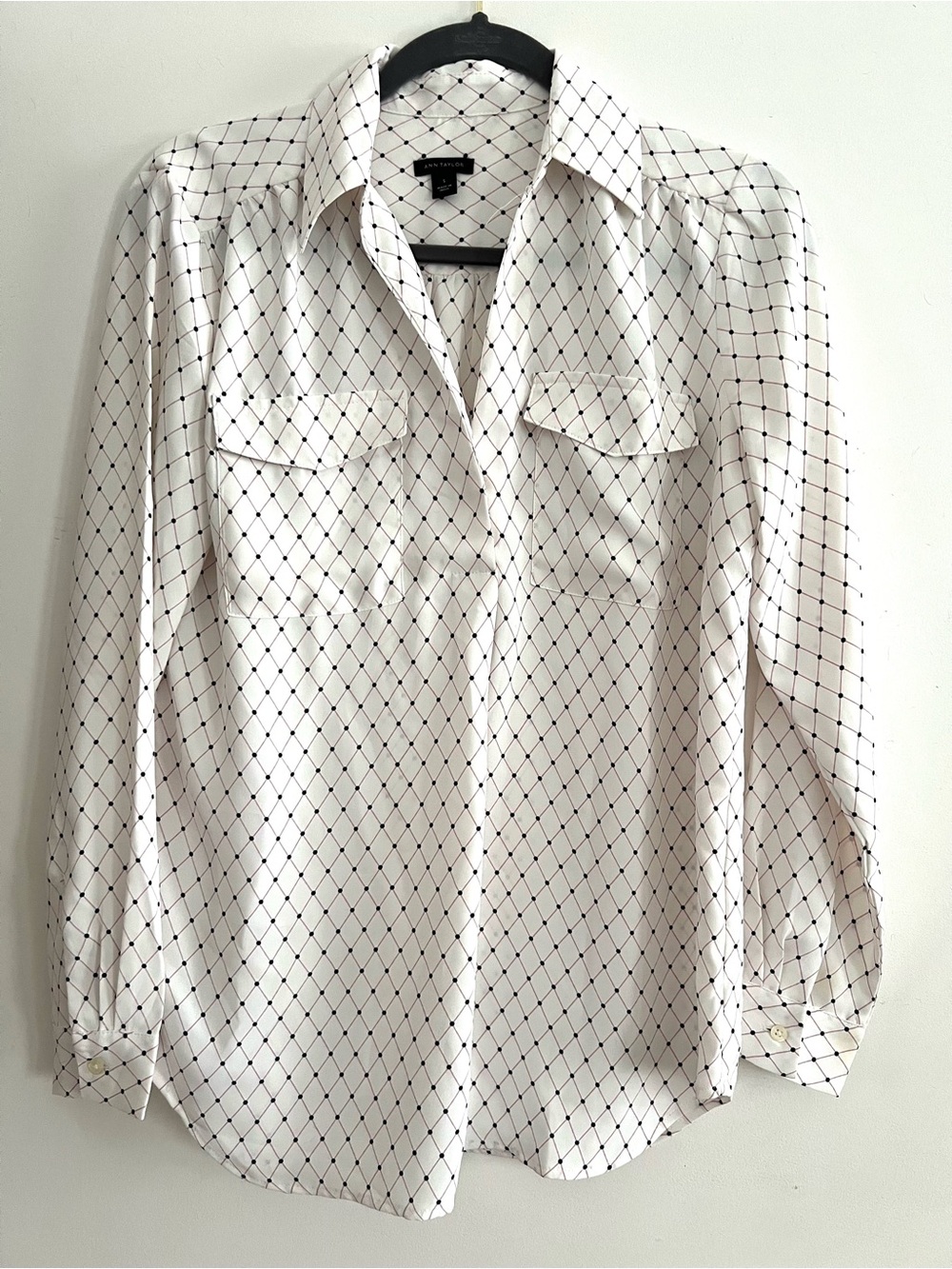 Ann Taylor White Blouse with Pink Lattice and Navy Dot Print